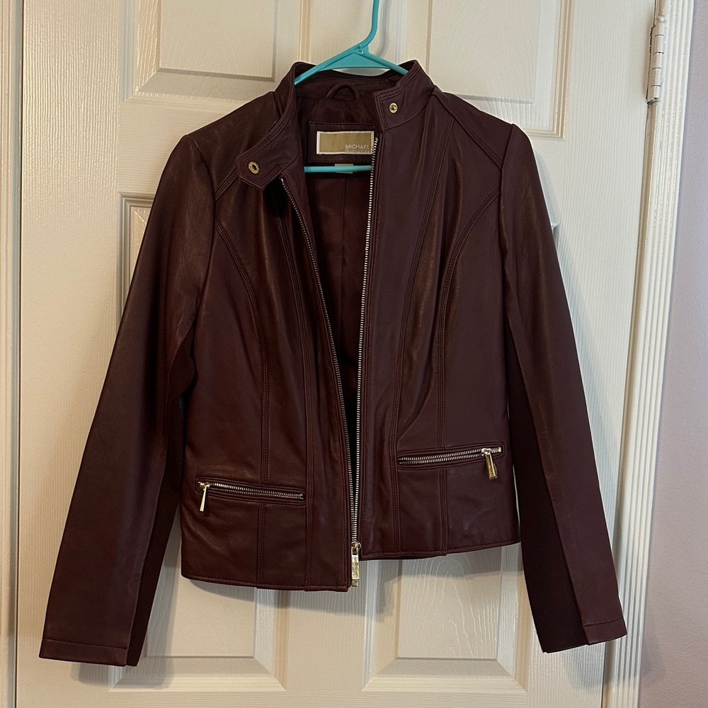 Michael Kors Women's Dark Burgundy Leather Moto Jacket
